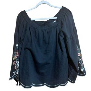 UMGEE Top Womens Large Black Floral Embroidered Scallop Hem Drop Shoulder Blouse